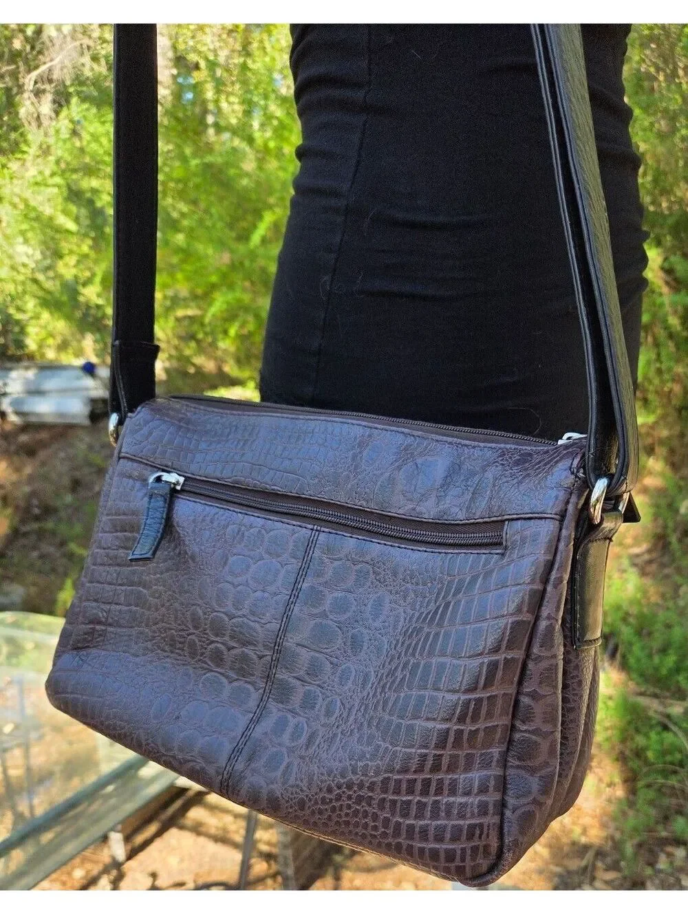 Vintage Great American Leather Works Brown Leather Crossbody Bag Croc Embossed